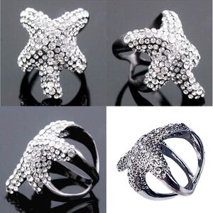 Silver Starfish Crystal Rhinestone Multi-band Claw Ring 7